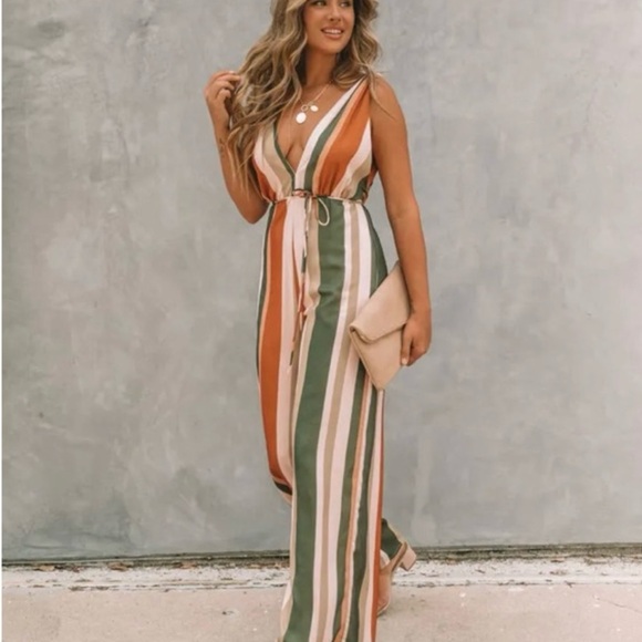 Vici Peach and Brown Striped Wide Leg Jumpsuit - Picture 5 of 5